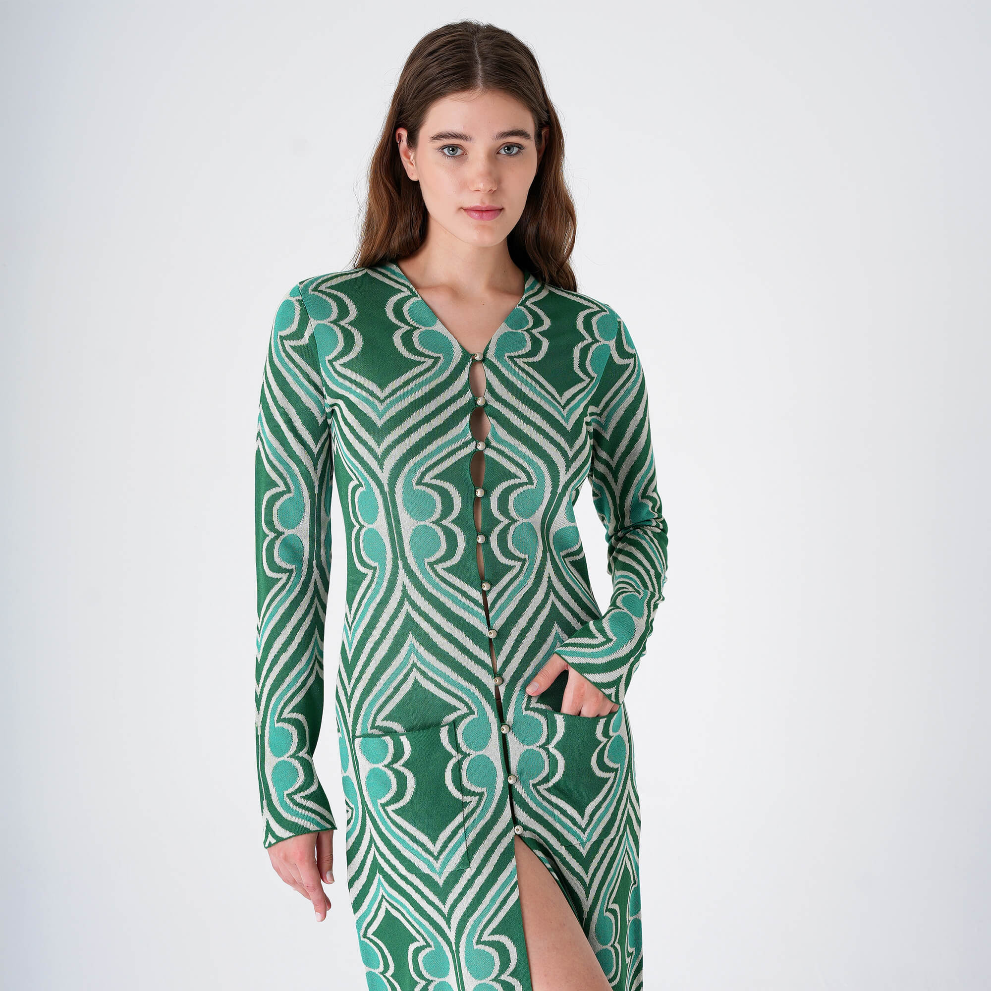 Etro - Green&White Viscose Knitted Kaftan Dress